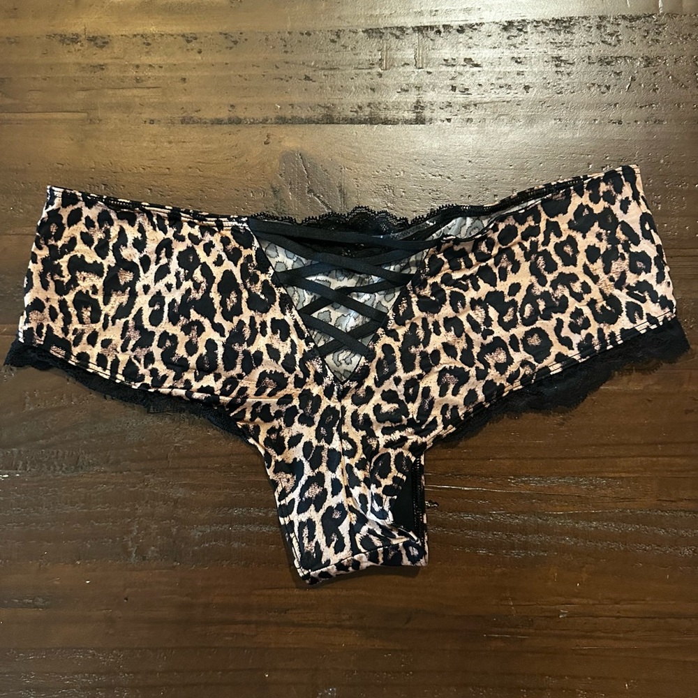 Victoria's Secret Leopard Print Satin Panties with Black Lace NWT